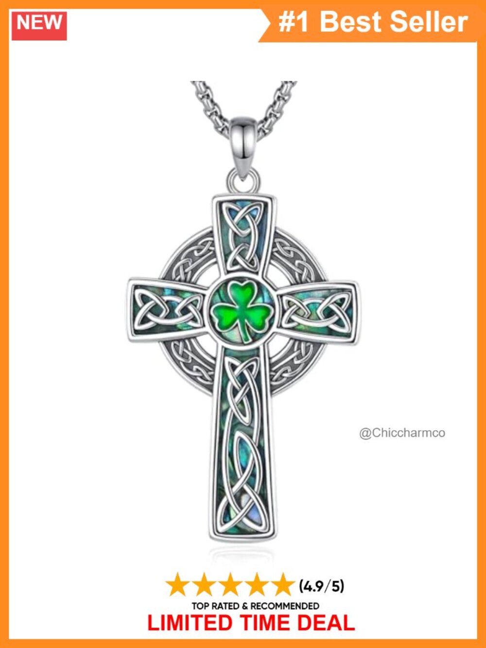 925 Sterling Silver Celtic Cross Necklace Abalone Shell 24in Box Chain